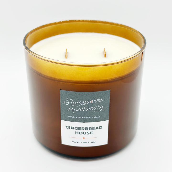 Gingerbread House 17 oz Double Wick Amber Jar Candle