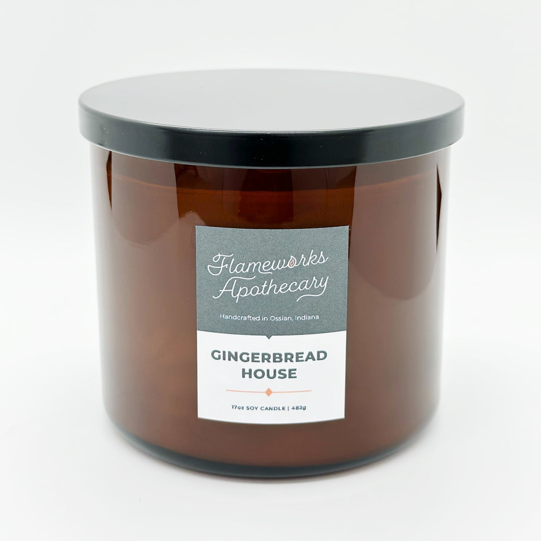 Gingerbread House 17 oz Double Wick Amber Jar Candle