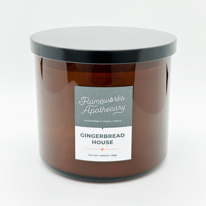 Gingerbread House 17 oz Double Wick Amber Jar Candle