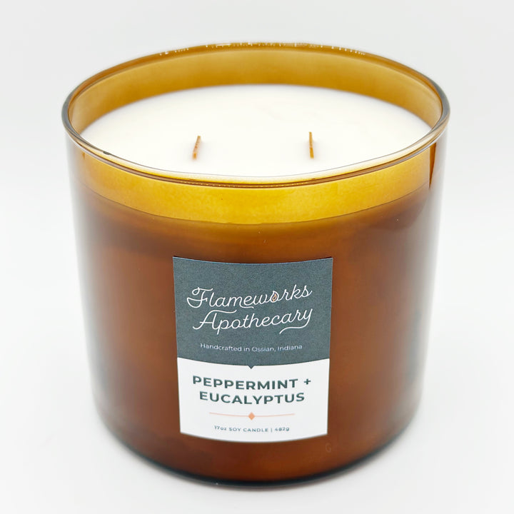 Peppermint + Eucalyptus 17 oz Double Wick Amber Jar Candle