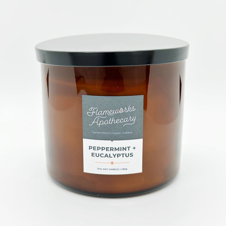 Peppermint + Eucalyptus 17 oz Double Wick Amber Jar Candle