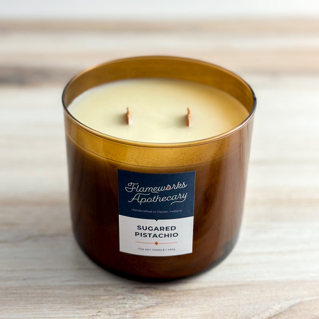 Sugared Pistachio 17 oz Double Wick Amber Jar Candle