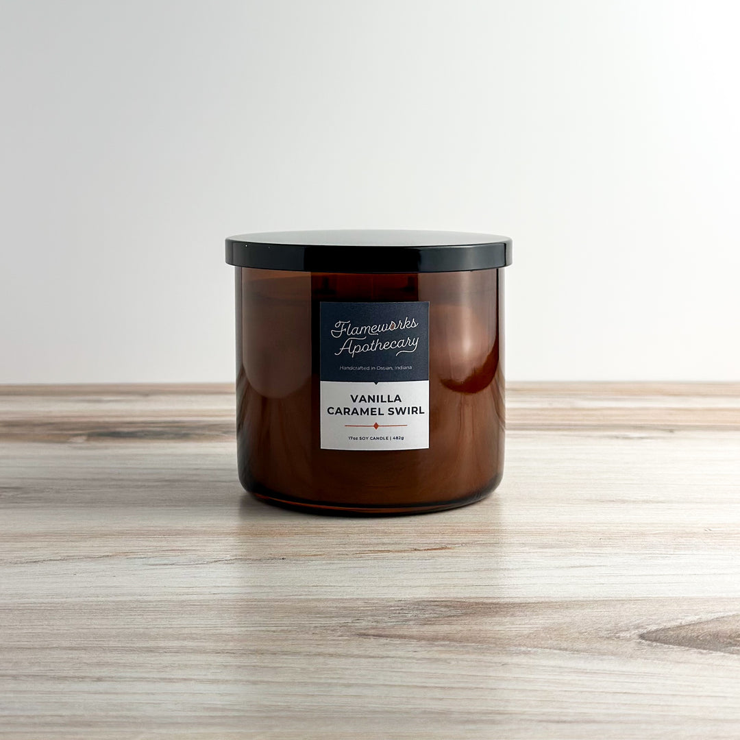 Vanilla Caramel Swirl 17 oz Double Wick Amber Jar Candle